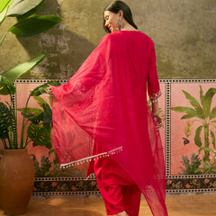 Dark Pink Floral Embroidered Straight Kurta With Trouser & Dupatta Kurta Set