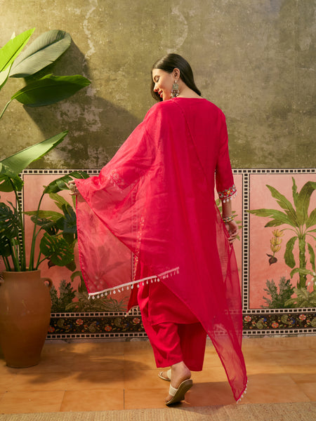 Dark Pink Floral Embroidered Straight Kurta With Trouser & Dupatta Kurta Set