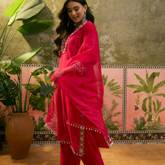 Dark Pink Floral Embroidered Straight Kurta With Trouser & Dupatta Kurta Set