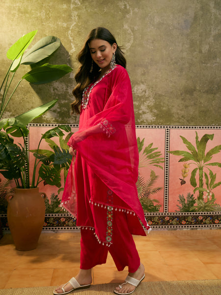 Dark Pink Floral Embroidered Straight Kurta With Trouser & Dupatta Kurta Set