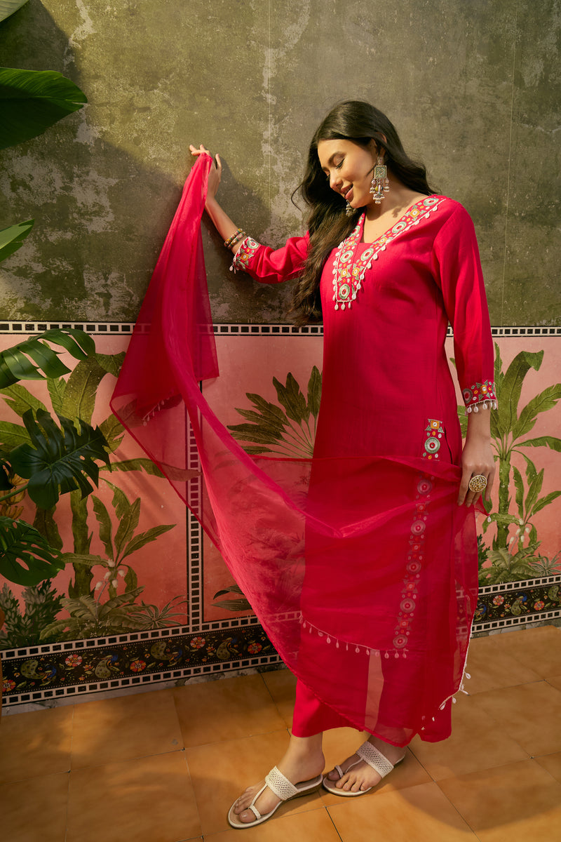 Dark Pink Floral Embroidered Straight Kurta With Trouser & Dupatta Kurta Set