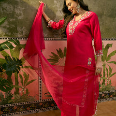 Dark Pink Floral Embroidered Straight Kurta With Trouser & Dupatta Kurta Set