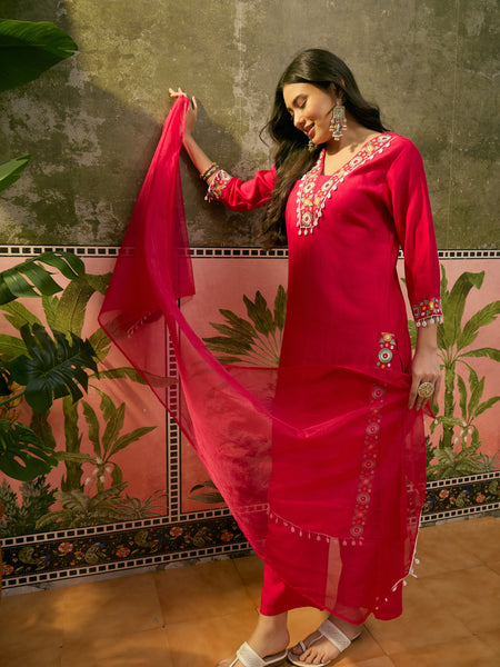 Dark Pink Floral Embroidered Straight Kurta With Trouser & Dupatta Kurta Set