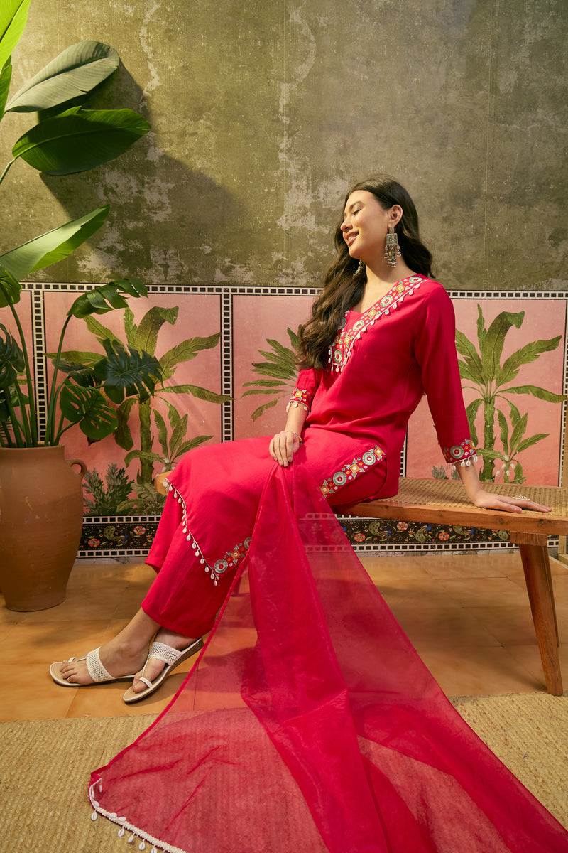 Dark Pink Floral Embroidered Straight Kurta With Trouser & Dupatta Kurta Set