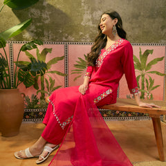 Dark Pink Floral Embroidered Straight Kurta With Trouser & Dupatta Kurta Set