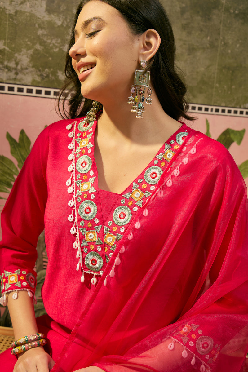 Dark Pink Floral Embroidered Straight Kurta With Trouser & Dupatta Kurta Set