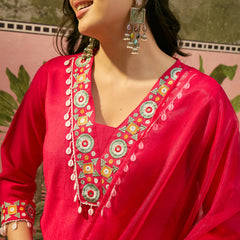 Dark Pink Floral Embroidered Straight Kurta With Trouser & Dupatta Kurta Set