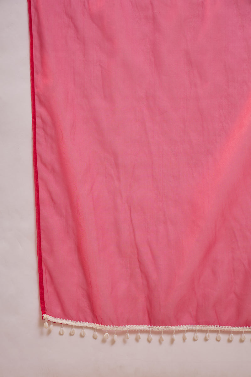 Dark Pink Floral Embroidered Straight Kurta With Trouser & Dupatta Kurta Set