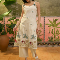 Off White Floral Embroidered Shoulder Straps Kurta With Trouser & Dupatta Kurta Set