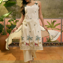 Off White Floral Embroidered Shoulder Straps Kurta With Trouser & Dupatta Kurta Set