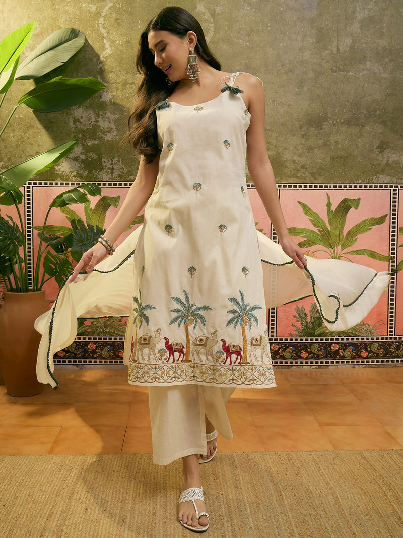 Off White Floral Embroidered Shoulder Straps Kurta With Trouser & Dupatta Kurta Set