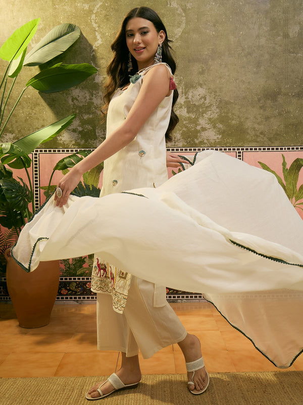 Off White Floral Embroidered Shoulder Straps Kurta With Trouser & Dupatta Kurta Set