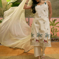 Off White Floral Embroidered Shoulder Straps Kurta With Trouser & Dupatta Kurta Set