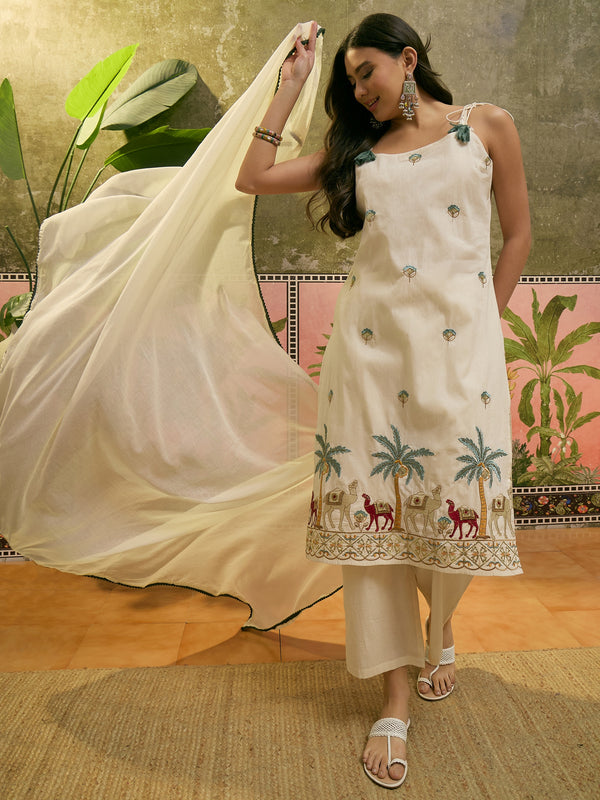 Off White Floral Embroidered Shoulder Straps Kurta With Trouser & Dupatta Kurta Set