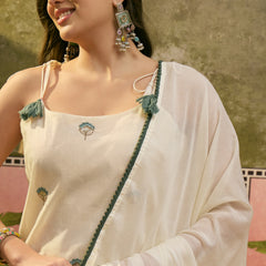 Off White Floral Embroidered Shoulder Straps Kurta With Trouser & Dupatta Kurta Set