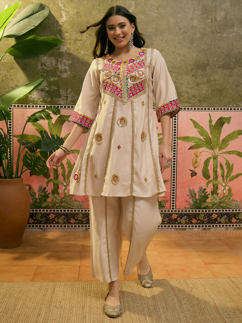 Floral Embroidered & Sequinned A-Line Kurta With Palazzos & Dupatta Kurta Set