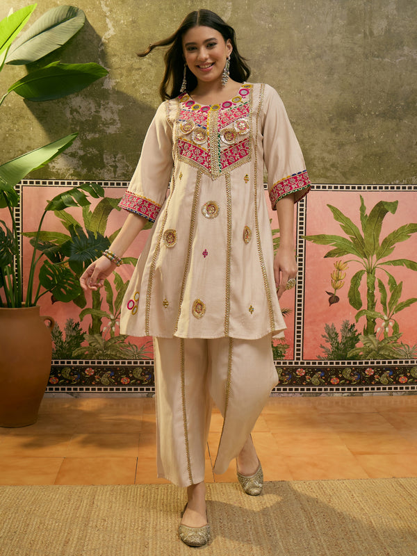 Floral Embroidered & Sequinned A-Line Kurta With Palazzos & Dupatta Kurta Set