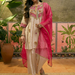 Floral Embroidered & Sequinned A-Line Kurta With Palazzos & Dupatta Kurta Set