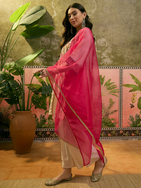 Floral Embroidered & Sequinned A-Line Kurta With Palazzos & Dupatta Kurta Set