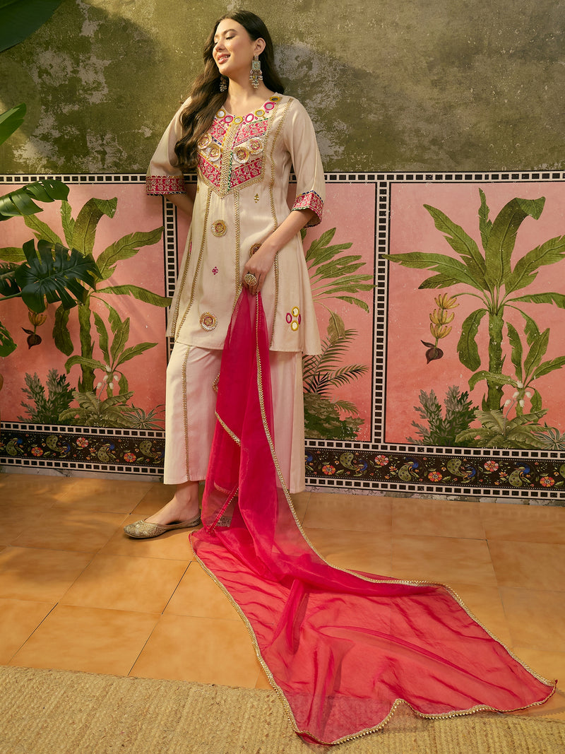 Floral Embroidered & Sequinned A-Line Kurta With Palazzos & Dupatta Kurta Set