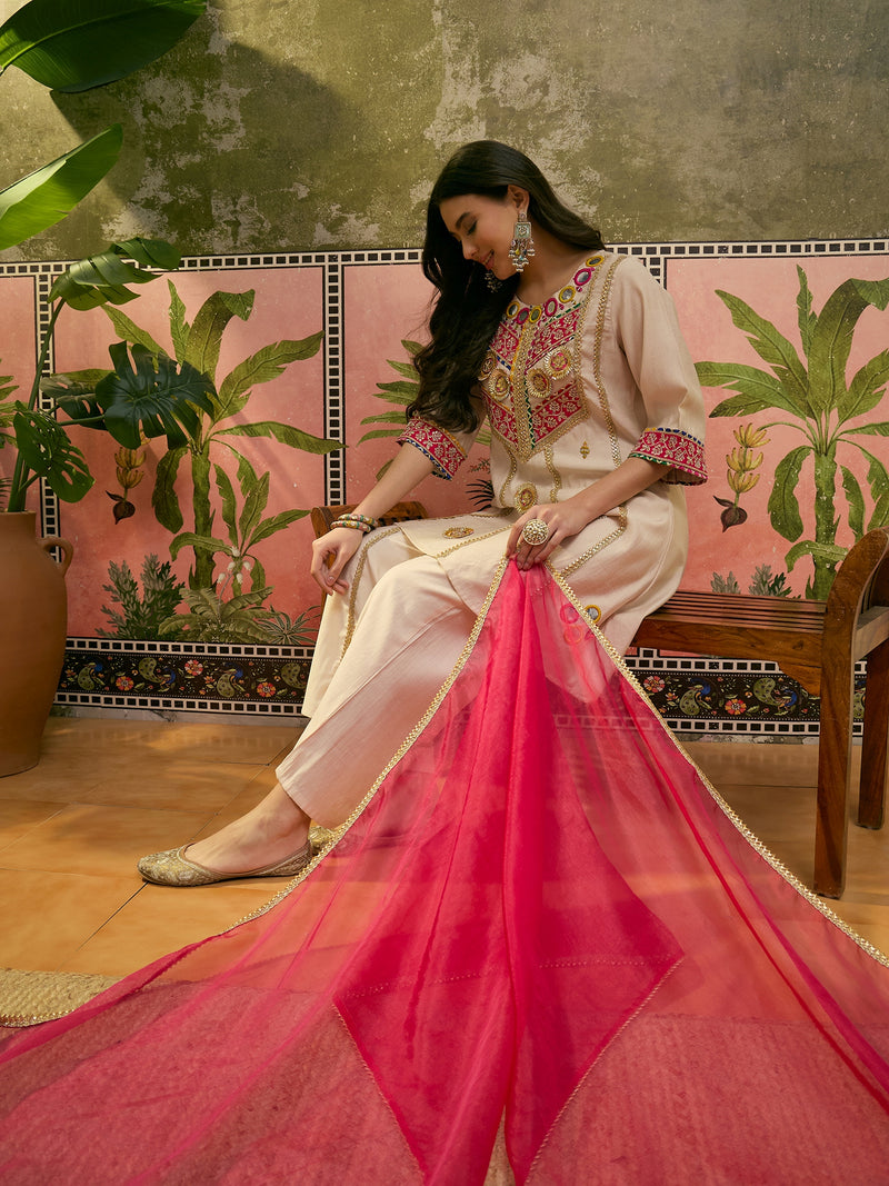 Floral Embroidered & Sequinned A-Line Kurta With Palazzos & Dupatta Kurta Set