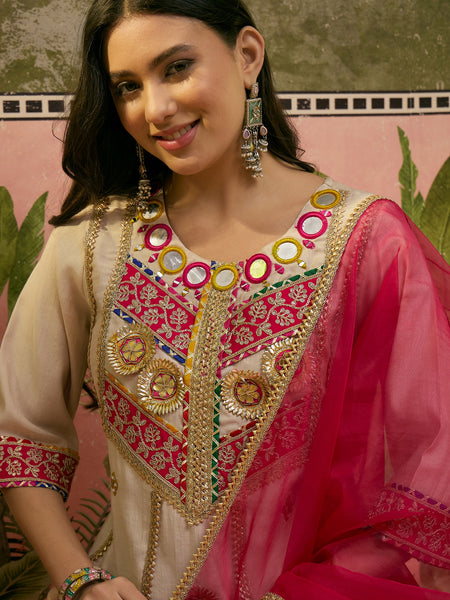 Floral Embroidered & Sequinned A-Line Kurta With Palazzos & Dupatta Kurta Set
