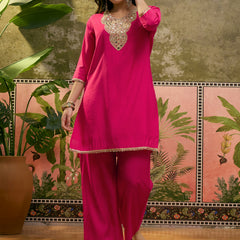 Floral Embroidered Straight Kurta & Trousers & Dupatta Kurta Set