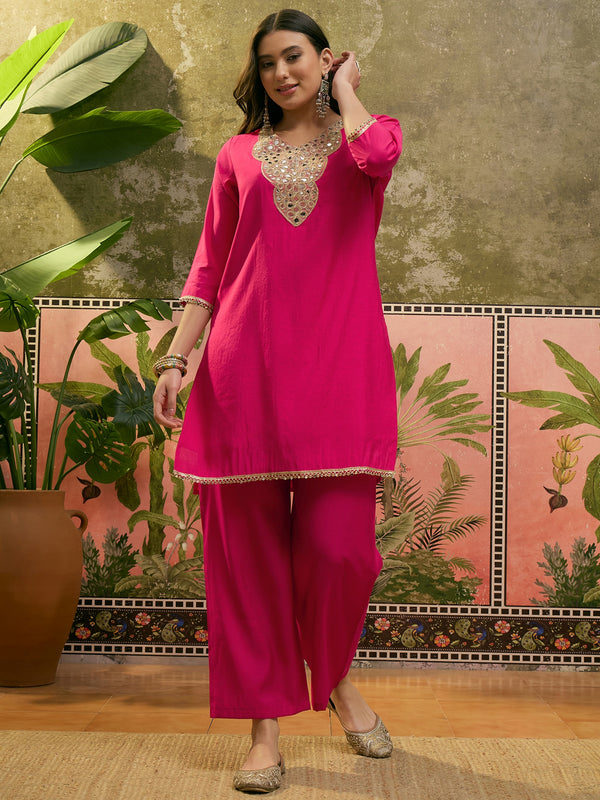 Floral Embroidered Straight Kurta & Trousers & Dupatta Kurta Set