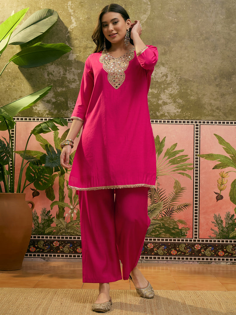 Firozi Floral Embroidered Straight Kurta & Trousers & Dupatta Kurta Set