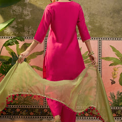 Floral Embroidered Straight Kurta & Trousers & Dupatta Kurta Set