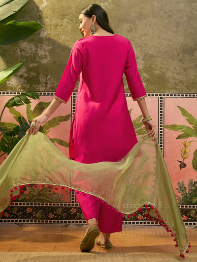 Floral Embroidered Straight Kurta & Trousers & Dupatta Kurta Set
