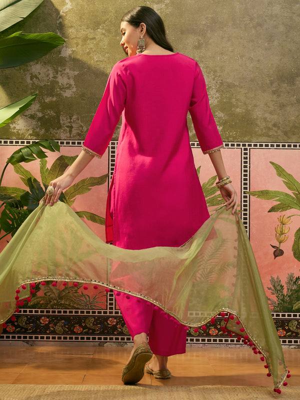 Floral Embroidered Straight Kurta & Trousers & Dupatta Kurta Set