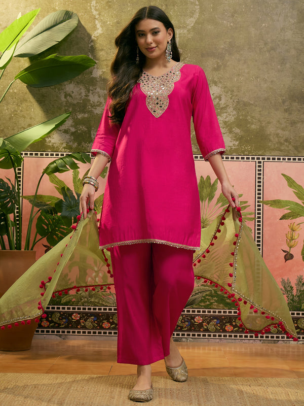 Floral Embroidered Straight Kurta & Trousers & Dupatta Kurta Set