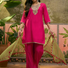 Firozi Floral Embroidered Straight Kurta & Trousers & Dupatta Kurta Set