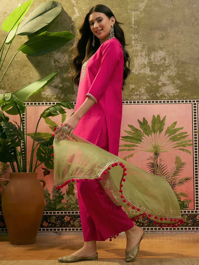 Firozi Floral Embroidered Straight Kurta & Trousers & Dupatta Kurta Set