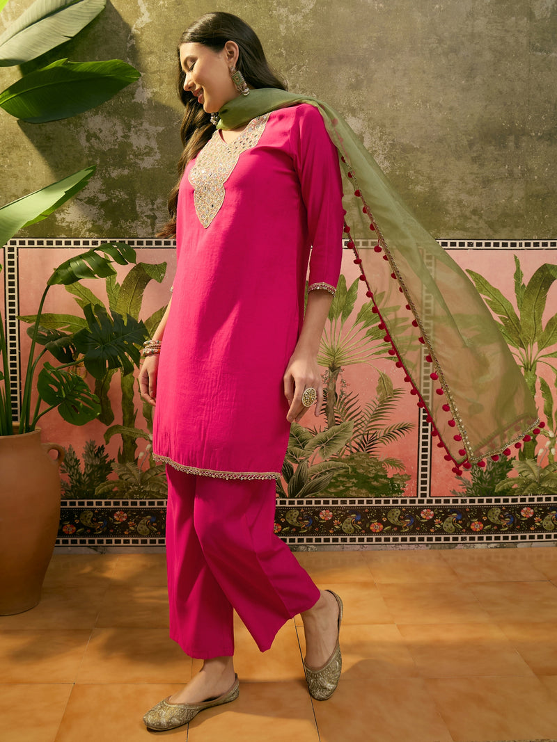 Floral Embroidered Straight Kurta & Trousers & Dupatta Kurta Set