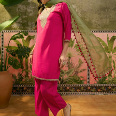 Firozi Floral Embroidered Straight Kurta & Trousers & Dupatta Kurta Set