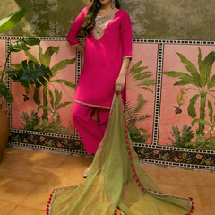 Floral Embroidered Straight Kurta & Trousers & Dupatta Kurta Set