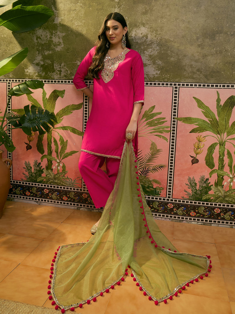 Floral Embroidered Straight Kurta & Trousers & Dupatta Kurta Set