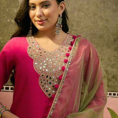Floral Embroidered Straight Kurta & Trousers & Dupatta Kurta Set