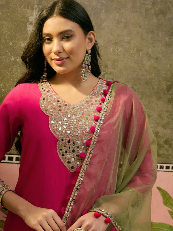 Floral Embroidered Straight Kurta & Trousers & Dupatta Kurta Set