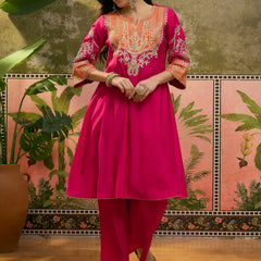 Floral Embroidered Straight Kurta With Trouser & Dupatta Kurta Set