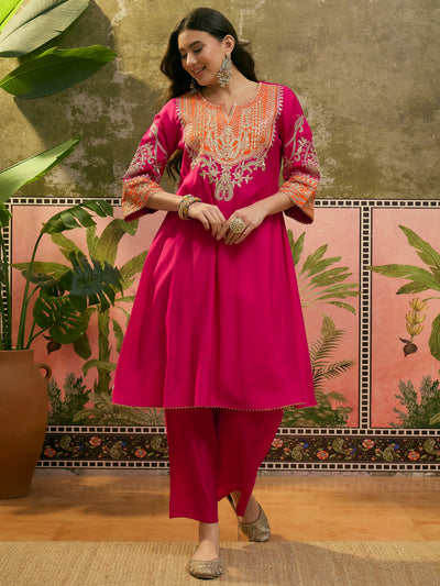 Floral Embroidered Straight Kurta With Trouser & Dupatta Kurta Set
