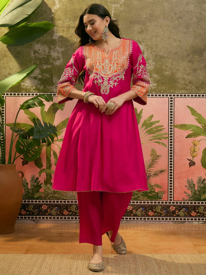 Floral Embroidered Straight Kurta With Trouser & Dupatta Kurta Set