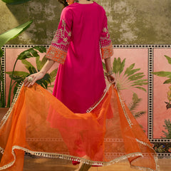 Floral Embroidered Straight Kurta With Trouser & Dupatta Kurta Set