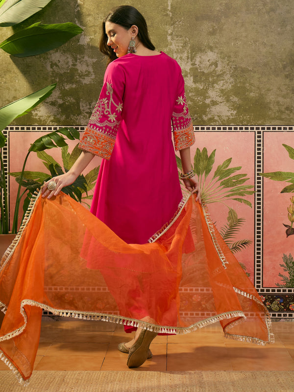 Floral Embroidered Straight Kurta With Trouser & Dupatta Kurta Set