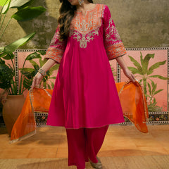 Floral Embroidered Straight Kurta With Trouser & Dupatta Kurta Set
