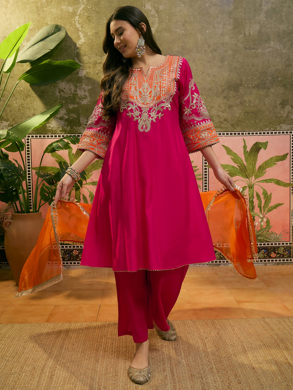 Floral Embroidered Straight Kurta With Trouser & Dupatta Kurta Set