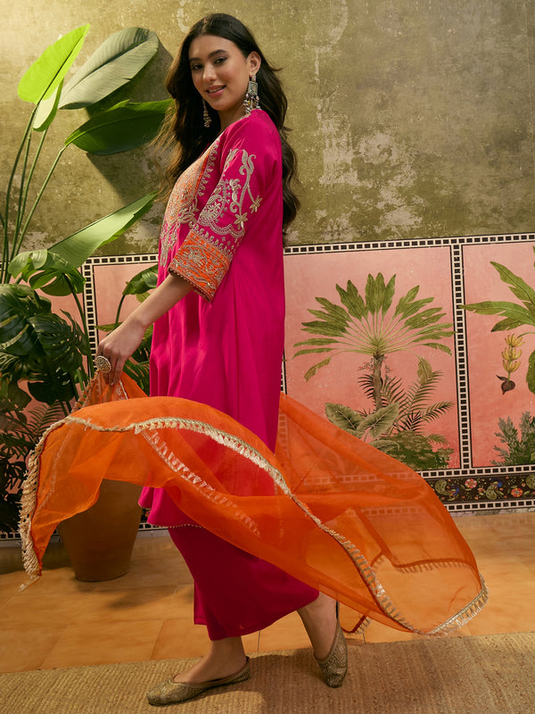 Floral Embroidered Straight Kurta With Trouser & Dupatta Kurta Set