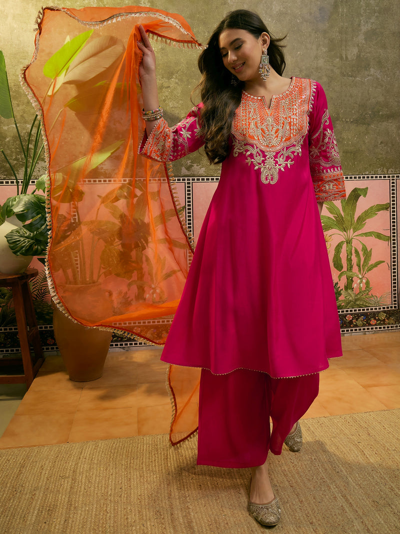 Floral Embroidered Straight Kurta With Trouser & Dupatta Kurta Set